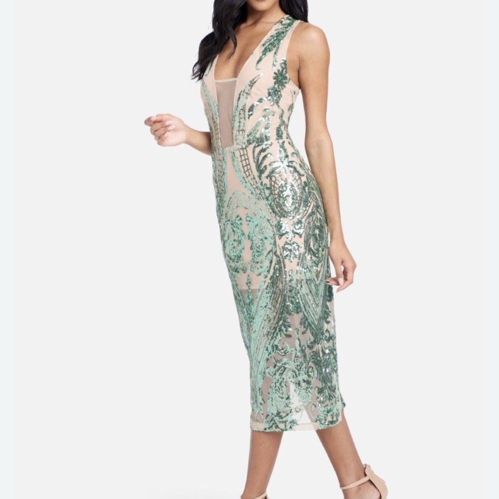 BEBE Size XS Sequin Mesh Bodycon Midi Dress Sage Nude Sparkle Sleeveless NWT$159
